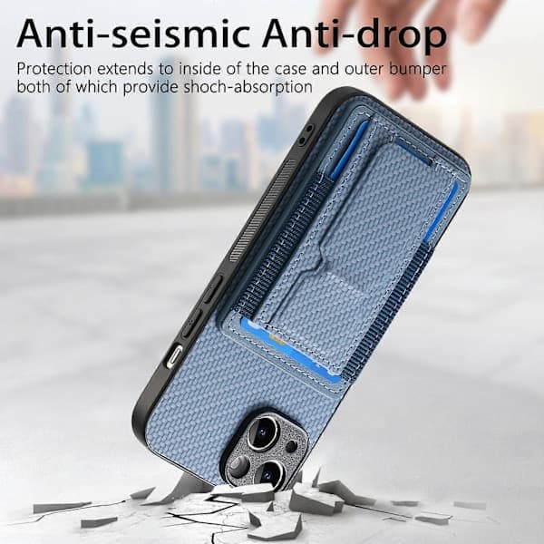 Til iPhone 15 Kulfiber Foldbart Stativ Elastisk Kortlomme Telefoncover