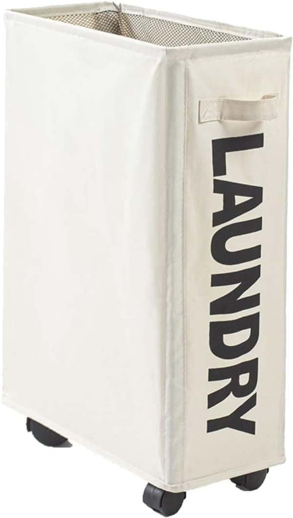 Rolling Slim Laundry Basket with Lid, Foldable Clothes Storage with Wheels for Home and Corner