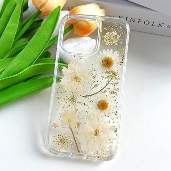 iPhone 13 Pro Transparent Skal med Pressade Äkta Blommor Design, Glitter Sött Vitt Blommigt Mönster Smalt Mjukt TPU Skyddande Fodral för Kvinnor