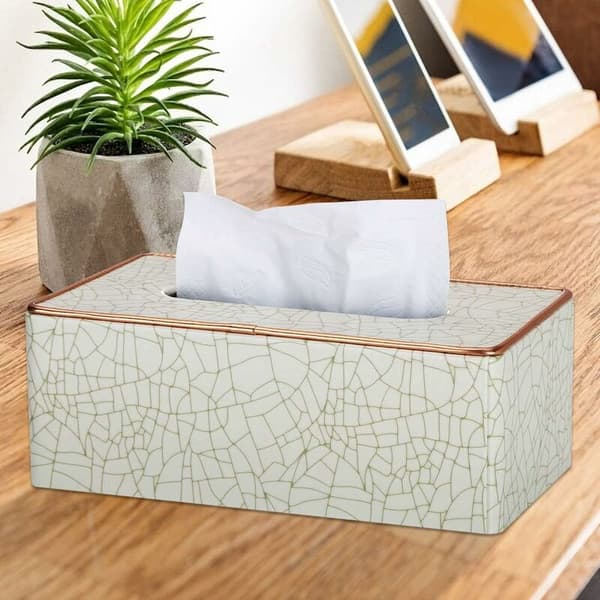 Rektangulär läder servettbox (Beige - Ice Cracks mönster)-