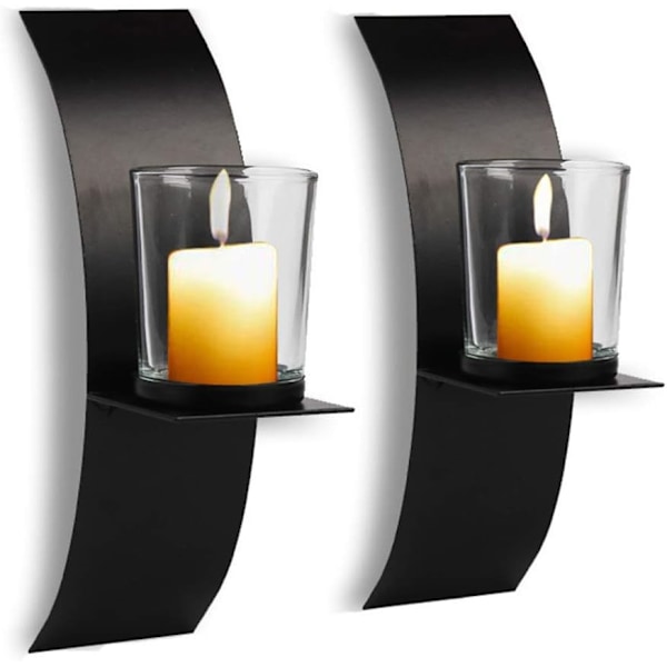 2 stk Moderne Vegglysestaker i Jern med Glasskopp, Vegglysestakesett av To, Svart Metall