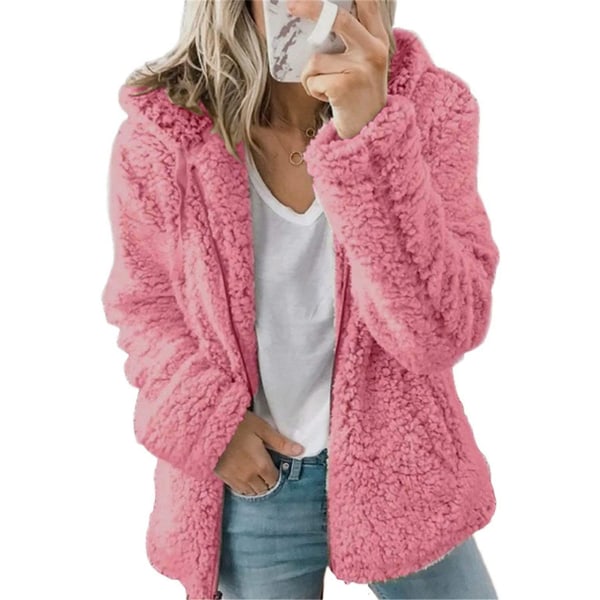 ASKSA Dame Genser Fluffy Sherpa Fleece Jakke med Glidelås Lang Ermet Rose XL