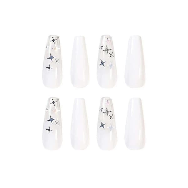 Coffin False Nails White Long False Nails Star Glitter Press On Nails 24pcs