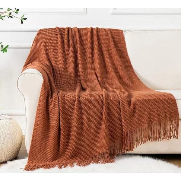 Frynset tæppe til sofa 130x180 cm Åndbart Blødt Vævet Plaid Brun Rød Efterårstæppe til Kontor Stue Soveværelse