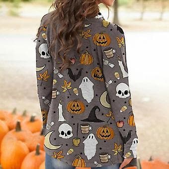 Langærmede cardigans til kvinder, mellemlange jakker, åben front, langærmet Halloween-mønstret top til hverdagsbrug, uden knapper