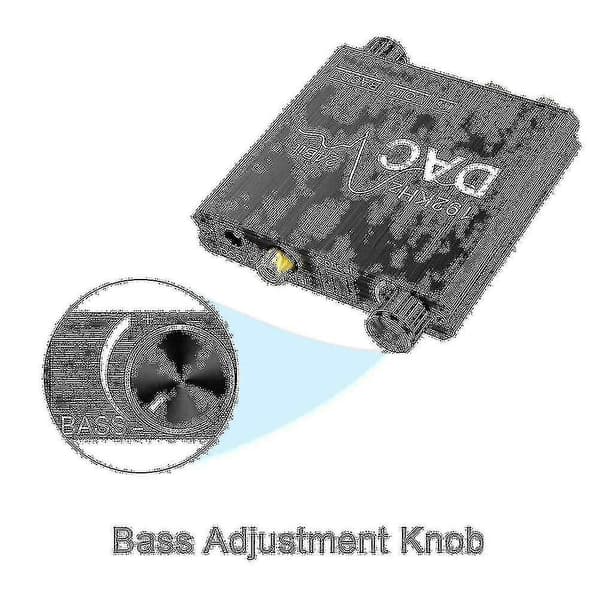 192 kHz Digital til Analog Lydkonverter med Bas- og Lydstyrkejustering, digital SPDIF/optisk/koaksial