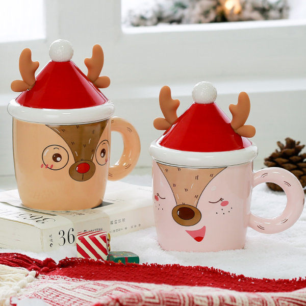 Sød juleelgkop med låg og ske, keramikkop, kaffekop, julegavekop