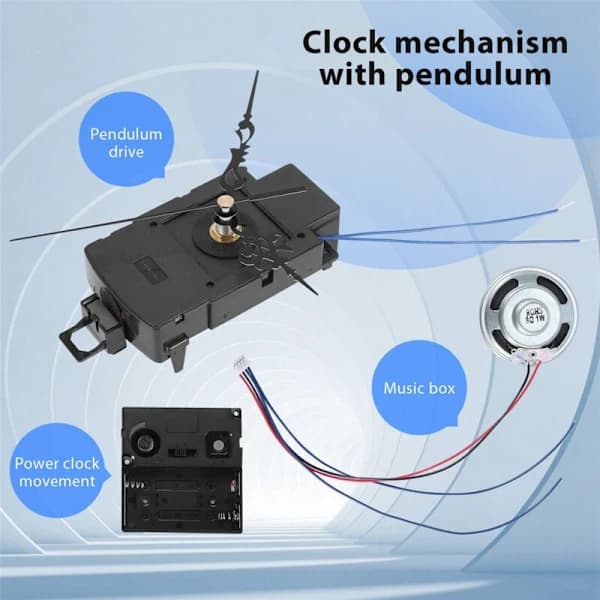 Pendulum Clock Movement with Black Hands, Music Box Speaker, Batteries, Melody Mechanism for DIY Clock, A