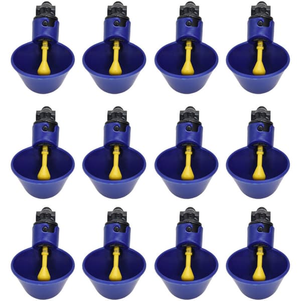 12Set G1/8 Male Thread Chicken Water Cup, Spring Automatic Switchable Chicken Water Dispenser (Small Blue Bowl, Black Screws)
