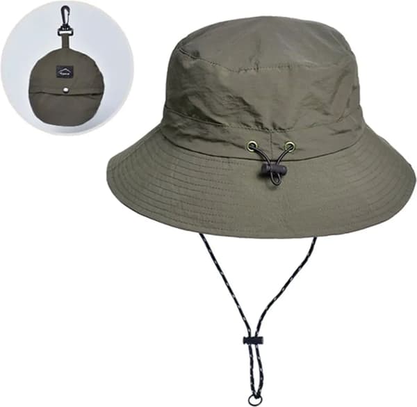 Foldable Waterproof Sun Hat in Army Green, Quick-Drying Fishing Hat with Drawstring