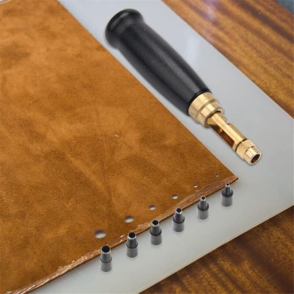 Adjustable Screw Punch, 6 Tip Sizes, Belt Hole Punch, Wooden Handle, Leather Hole Punch Tool for Sewing Black Leather