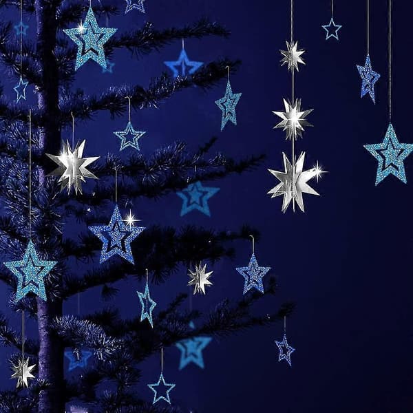 Blå Sølv Stjerne Festdekorasjonssett Metallisk Glitter 3D Stjernegirlander Twinkle Little Star