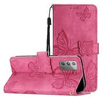 Compatible with Samsung Galaxy Note 20 Embossed Butterfly Case with Wallet and Stand Function - Pink Rose Rose