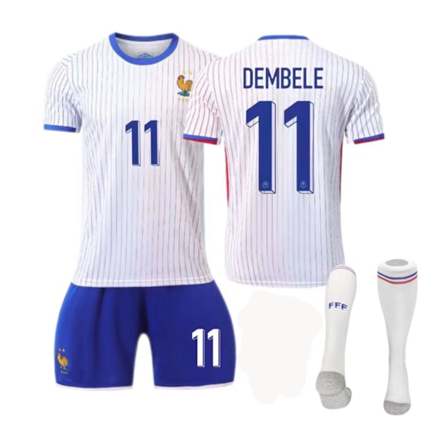 2024 EM Frankrike bortaställ nummer 10 Mbappe fotbollströja set 11 Dembele landslagströja Size 7+socks+leg guards 18 yards