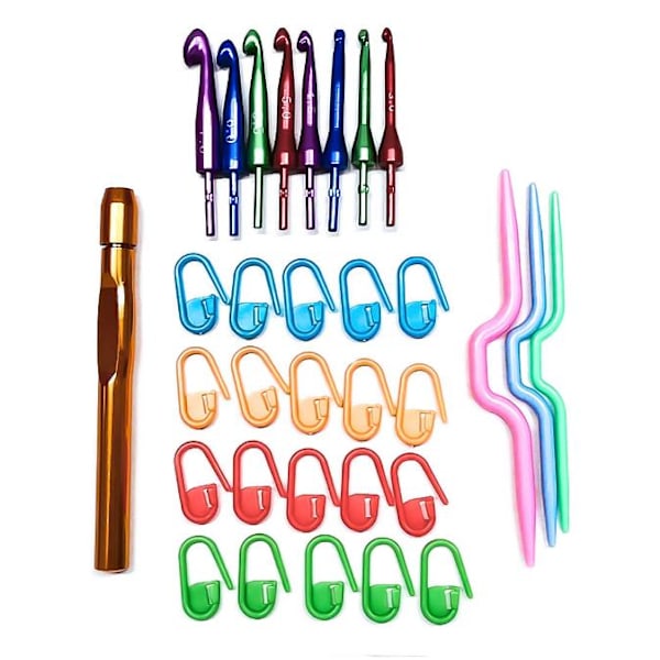 N130 - Set med 8 st. utbytbara virknålar plus annat multifärg one size