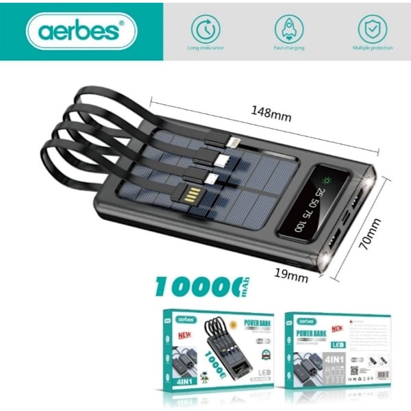 Aerbes Powerbank med Solceller - 10.000 mAh - Svart