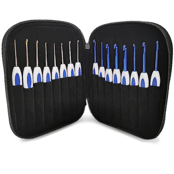 N034 - Set med 16 st. ergonomiska virknålar med snyggt fodral multifärg one size