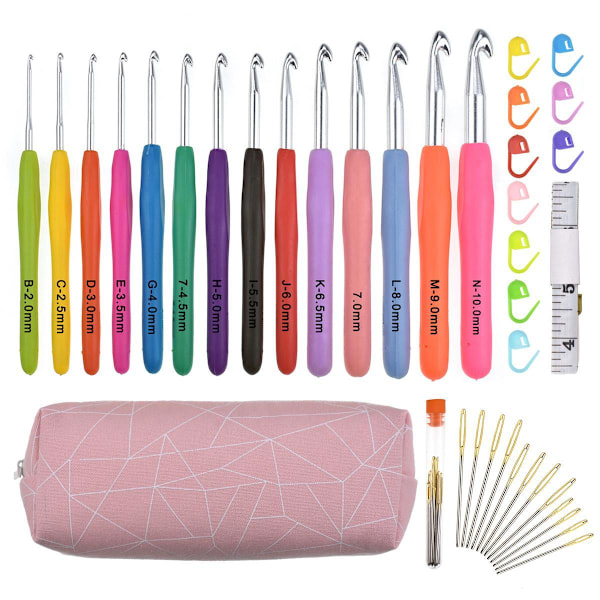CE013 - Set med 14 st. virknålar plus stickmarkörer, måttband m.m. Rosa one size