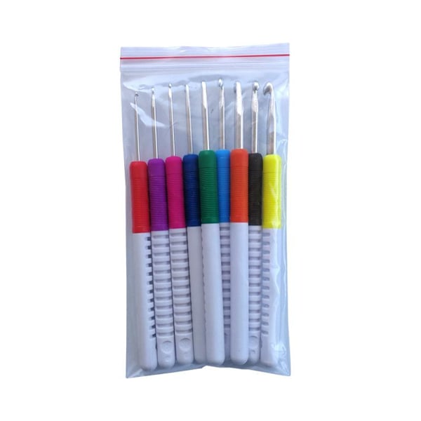 N129 - Set med 9 st. ergonomiska virknålar med snyggt skaft multifärg one size