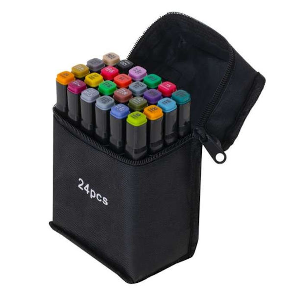 24-Pack - Tuschpennor med Fodral - Dubbelsidiga Pennor multifärg