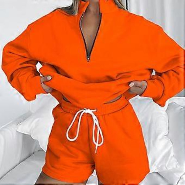 Dam 2-delade träningsdräkter set avslappnad oversized dragkedja långärmad hoodies sweatshirt topp och shorts lounge set aprikos S(S aprikos)