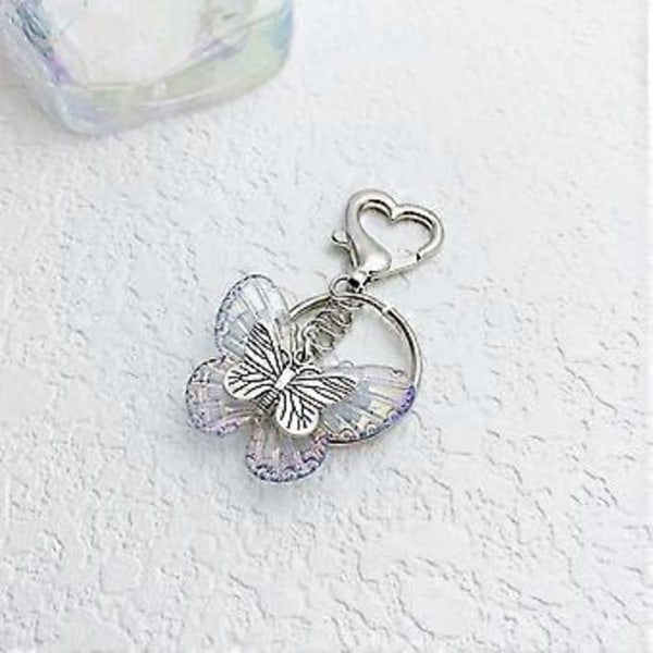 Nøglering med sommerfuglevedhæng til kvinder og piger, transparent nøglering, farverigt nøglevedhæng, akryl, klar nøglering, ornament, blå (blå)