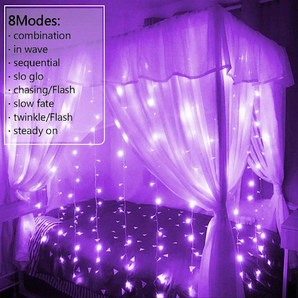 Lysende gardin, 300 LED lyskjede 8 moduser vanntett E