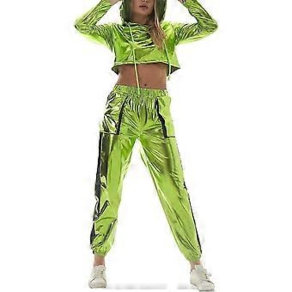 Rave-outfit för damer, glänsande crop top-hoodie, metalliska avslappnade långbyxor, huvtröja, träningssweatshirt, discodanskläder (Medium Ljusgrön)