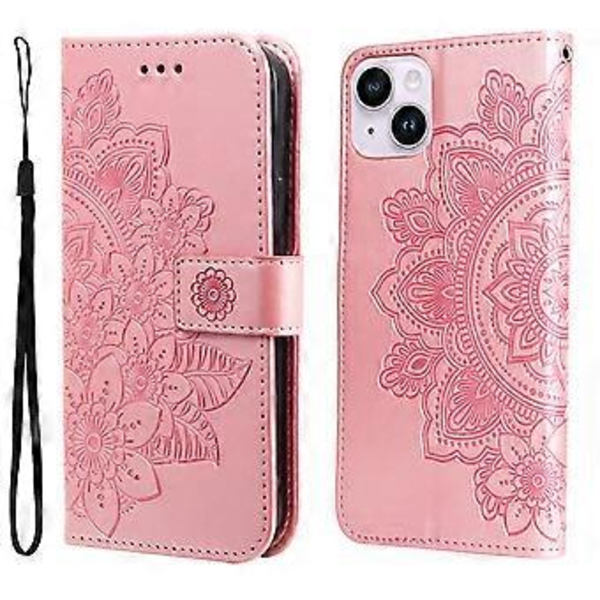 Läderfodral med 7-bladiga blommor för iPhone 15 Plus (Roséguld)