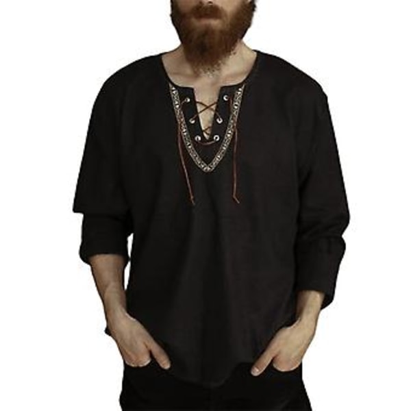 Fianao Mænds Skjorte med Fast Farve, Snøring Fortil, V-Hals, Langærmet, Løstsiddende, Streetwear (2XL Sort)