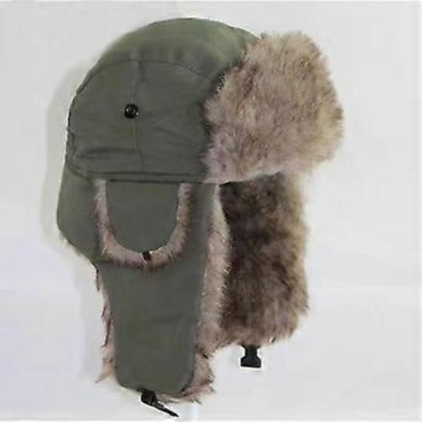 Taslan Ushanka Trapper Hatt - Fodrad med Fuskpäls Rysk Stil Varm Vintermössa (armégrön)