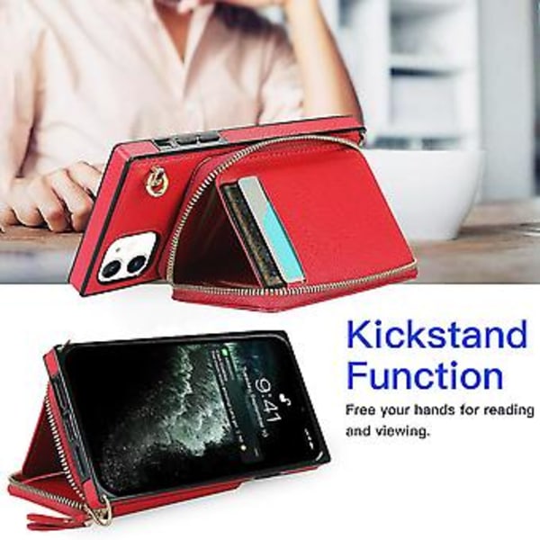 Plånboksfunktion Telefonfodral för Iphone 11 med Korthållare Axelrem Kvinna (Röd)