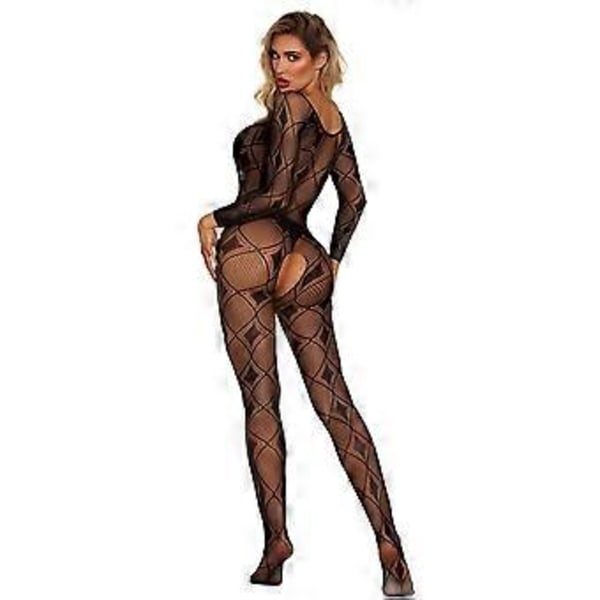 Sexet lingerisæt sexet mønstret heldragt strømper udhulet skridt tights gennemsigtig langærmet net tøj (rosenrød)