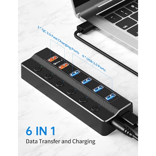 Drevet USB 3.0 Hub, 6 Port USB Hub (4 USB 3.0 Data Ports og 2 Q