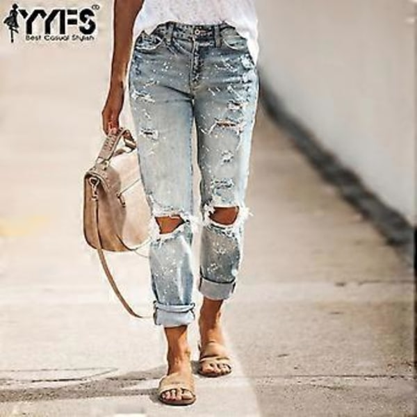 YYFS Dammode Trasiga Jeans Casual Mellanhög Midja Byxor & Capri Casual Byxor (XL ljusblå)