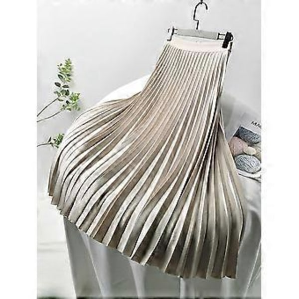Kvinnor Vår Höst Elegant Chic Solid Plisserad Kjol Hög Midja Lyx Mode Med Elastisk Kvinna C-035(XL beige)