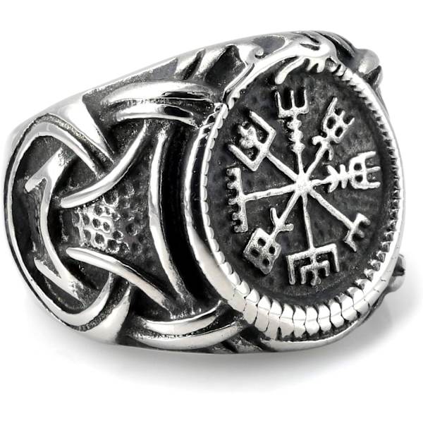 Rostfritt stål Viking ring med Vegvisir och keltisk knut.