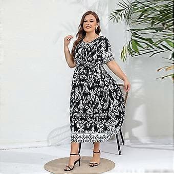 Rayon Klänning i Stora Storlekar Elegant Temperament Elastisk Midja V-ringad Klänning Black 1XL