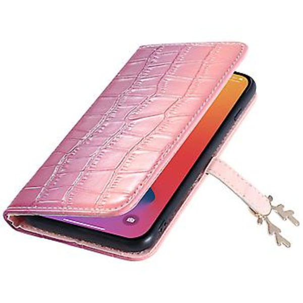 Telefonfodral med älgmönster för iPhone 14 Pro med kortfack, snodd, PU-lädermaterial, plånboksfunktion, hörnfallskydd (lila rosa)
