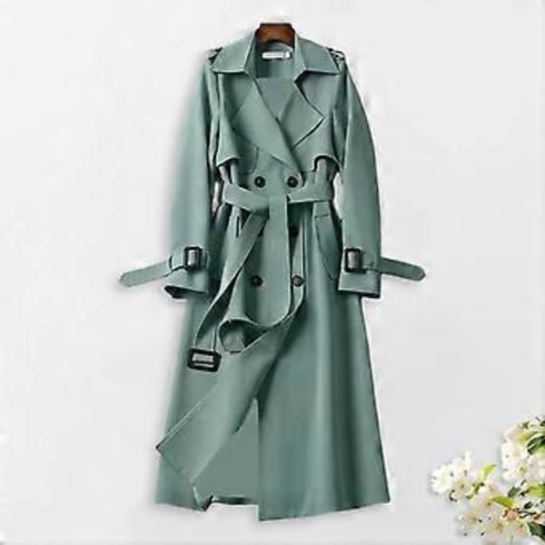 Høst Vinter Dame Trenchcoat Nedbrett Krage Ensfarget Dobbelspent med Belte Medium(L blå)