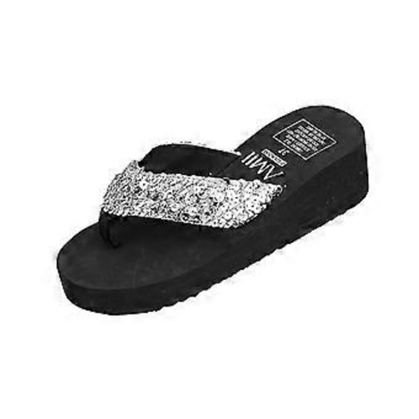 Glitter Platåsandaler för Kvinnor, Glittriga Tåsandaler Halkfria Kilklackar Storlek 36 (Silver)