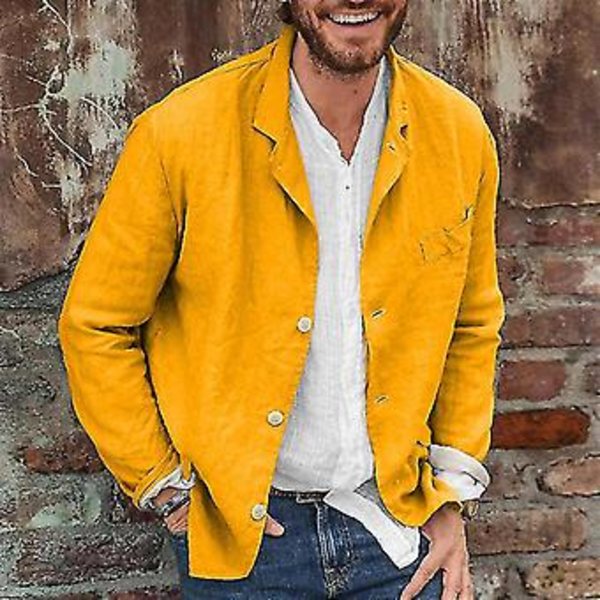 Mænds Bomuld Linned Casual Suit Frakke Lapel Knapløs Jakke (M Gul)