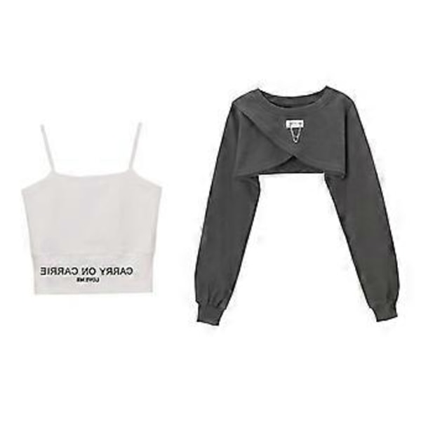 Sexig Jazzdans Midjekort Sweatshirt Blus Tvådelat Set Dam Vår och Höst Slim Hängsel Linne Lager Topp Set (M Grå)