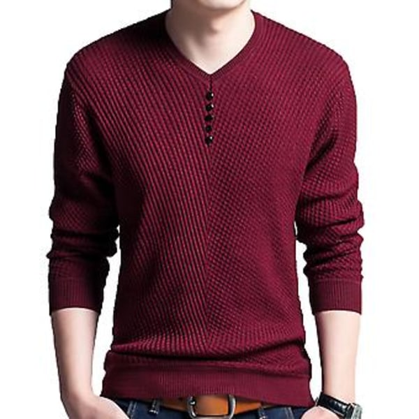 Fianao Chic Herrar Solid Färg V-Hals Långärmad Pullover Slim Fit Stickad Tröja Blus (XL Röd)