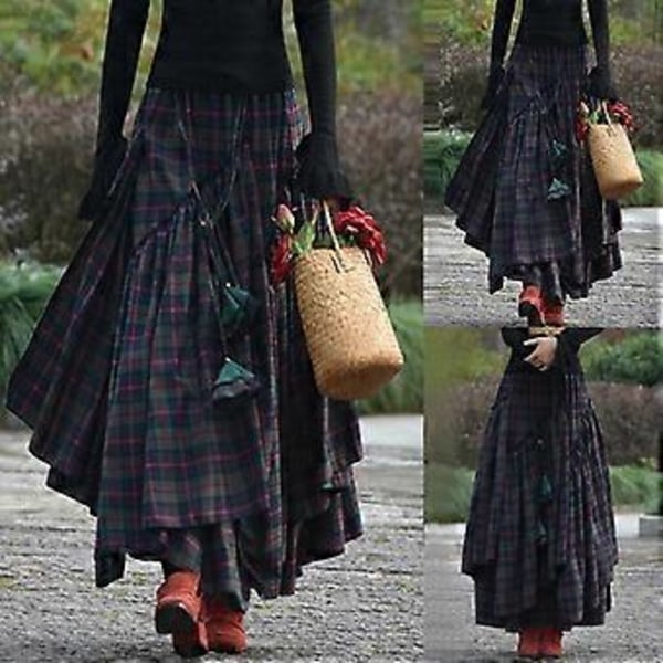 Retro Folk Stil Dame Mote Rutete Maxi Skjørt Spleis Uregelmessig Swing Plissert Høy Midje Lang Skjørt (XXL)
