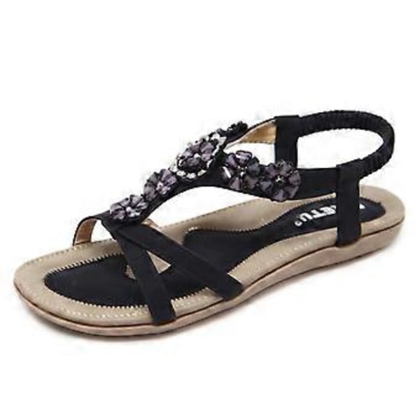 Sommersandaler til kvinder, boheme blomster, rhinsten, stor størrelse, flade sko, strandsandaler (EU 39 Sort)