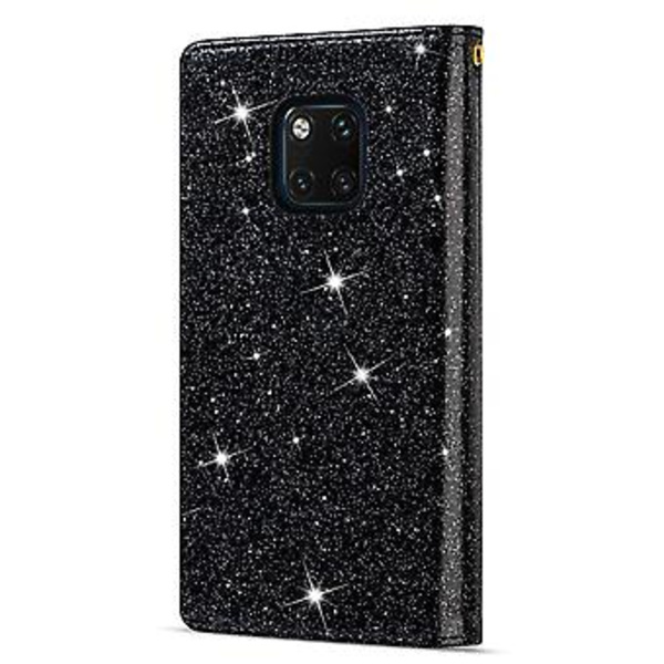 Glitter-fodral i läder med blixtlås för Huawei Mate 20 Pro (Svart)
