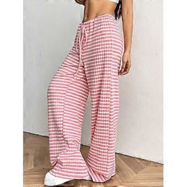 Stribede bukser til kvinder Strikkede bukser med brede ben Løse baggy loungebukser med snøre (XL Pink)