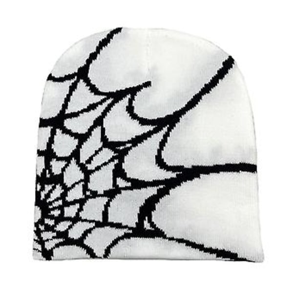 Trendy Y2k Gothic Edderkoppnett Mønster Strikket Lue Kvinner Menn Beanie Vinter Varme Beanies Casual Skull Utendørs Caps (Hvit)
