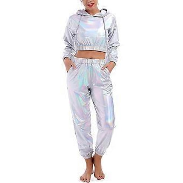 Rave-outfit för damer, glänsande crop top-hoodie, metalliska lediga långbyxor, hoodie-träningssweatshirt, discodans-klubbkläder (Medium Holographic)